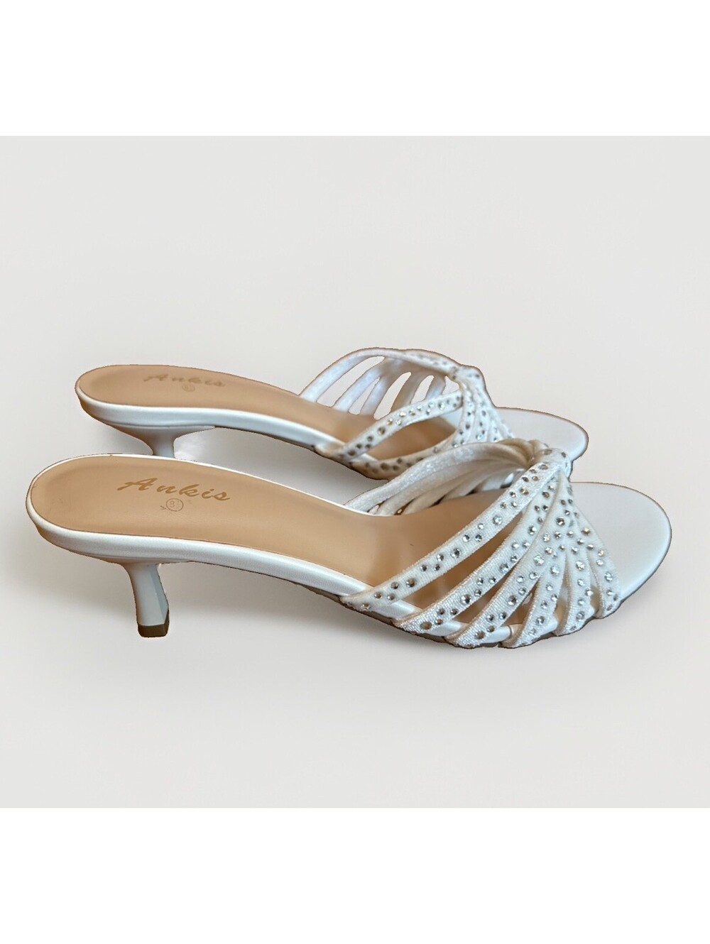 New Ankis Strappy White Rhinestone Kitten Wedding Heels Sandals Women 8.5
